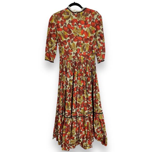 Vintage 60s 70s Handmade Fall Leaves Cotton Full Sweep Dress Prairie Cottagecore - Picture 4 of 4